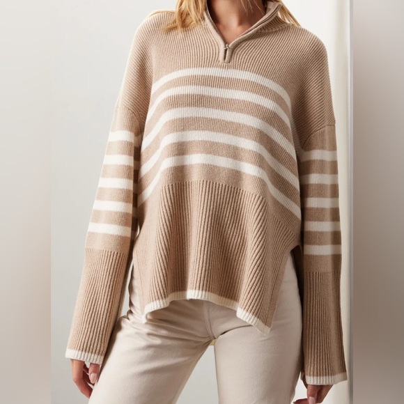 Rails Sweaters - RAILS Tessa Sweater Beige and White Striped Turtleneck Sweater